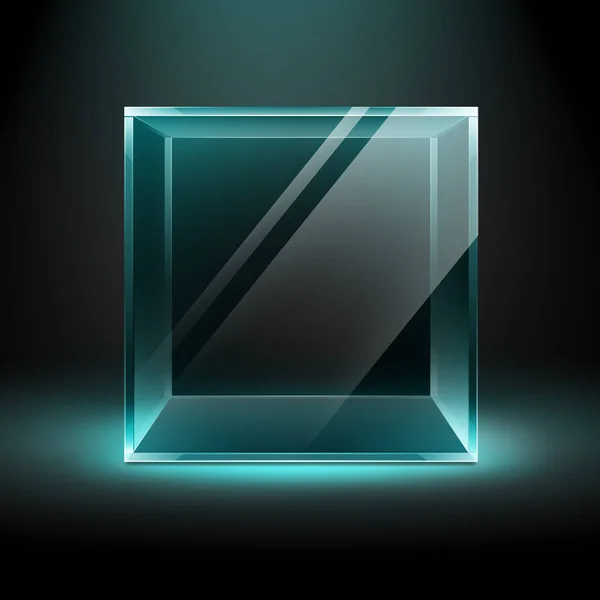 Cubo de caja de vidrio transparente vectorial vacío sobre fondo negro oscuro con retroiluminación azul turquesa — Vector de stock
