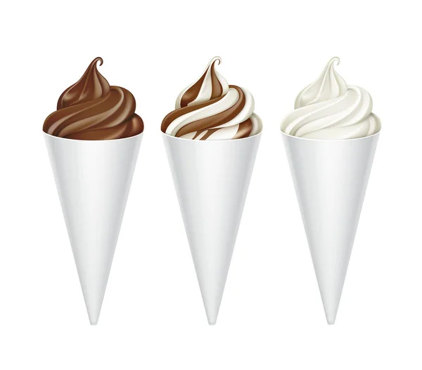 Vector set van bruin wit klassieke chocolade zachte dienen wafel ijsje in wit karton folie Wrapper close-up geïsoleerd op witte achtergrond — Stockvector
