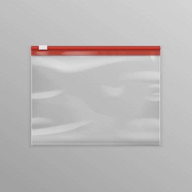 Vektör kırmızı mühürlü boş şeffaf plastik fermuar çanta yakın arka plan üzerinde
