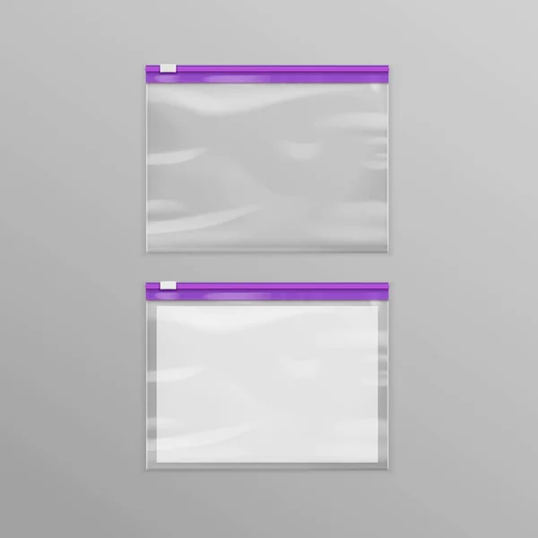 Vektor lila zárt elszigetelt háttér üres átlátszó műanyag cipzár táskák — Stock Vector