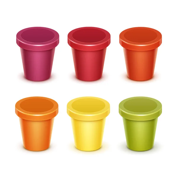 Set vettoriale di colorati rosso verde arancio giallo vuoto contenitore per secchio di plastica alimentare per gelato allo yogurt al bacca di frutta per il design del pacchetto — Vettoriale Stock