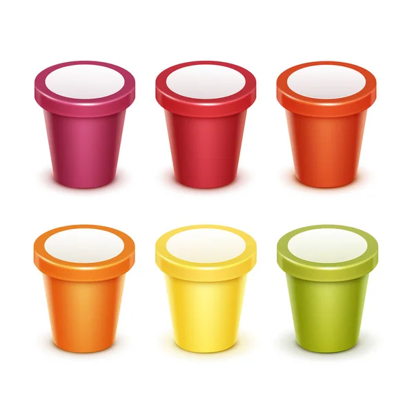Set vettoriale di colorati rosso verde arancio giallo vuoto contenitore per secchio di plastica alimentare per gelato allo yogurt al bacca di frutta per il design del pacchetto — Vettoriale Stock