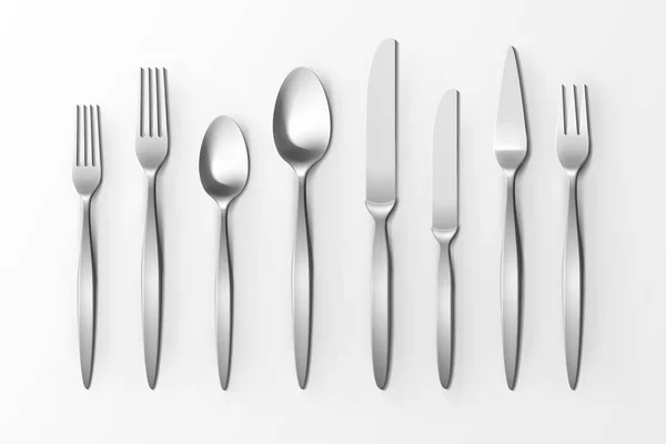 Ensemble de couverts de fourchettes en argent cuillères et couteaux vue du dessus isolé sur fond blanc. Réglage de la table — Image vectorielle