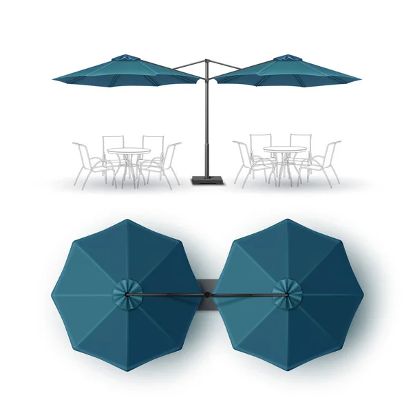 Wektor niebieski puste Patio Dwuosobowy odkryty Beach Cafe Bar Pub Lounge Restaurant okrągły parasol Parasol dla marki Top strony widok makiety bliska izolowany na białym tle — Wektor stockowy