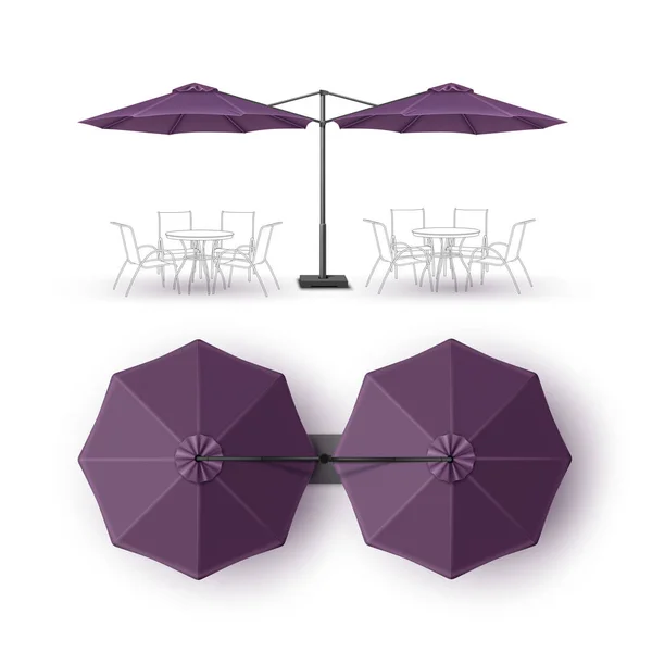 Вектор фіолетовий фіолетовий порожній патіо подвійний відкритий пляж кафе бар паб лаунж ресторан круглий парасолька для брендингу верхній бік макет впритул ізольований на білому тлі — стоковий вектор