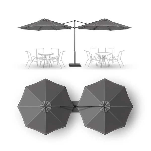 ベクトル黒灰色空白パティオ ダブル屋外ビーチ カフェ バー パブ ラウンジ レストラン ラウンド傘用日傘ブランド トップ側ビューのモックアップを間近で白背景に分離されました。 — ストックベクタ