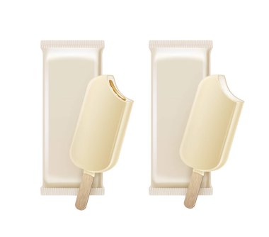Set of Bitten Ice Cream in White Chocolate Glaze on Stick with Filling and White Foil Wrapper for Branding on Background clipart