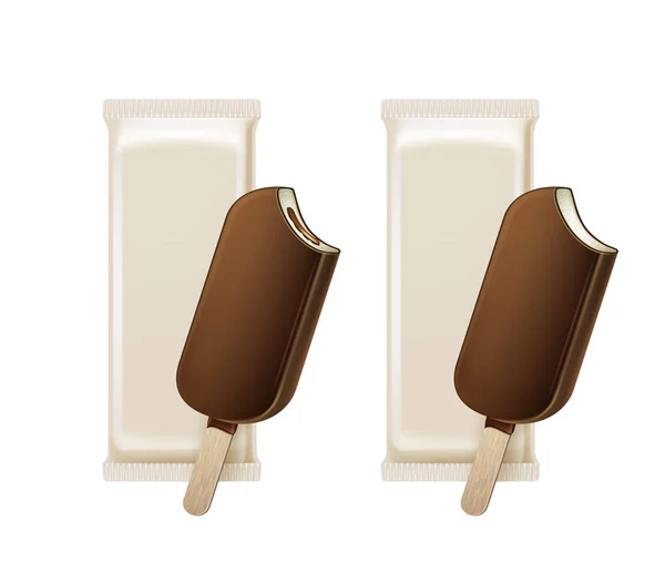 Ensemble de glace glacée à la popsicle piquée à la sucette au chocolat glacée sur bâton avec remplissage à la feuille de plastique blanche — Image vectorielle