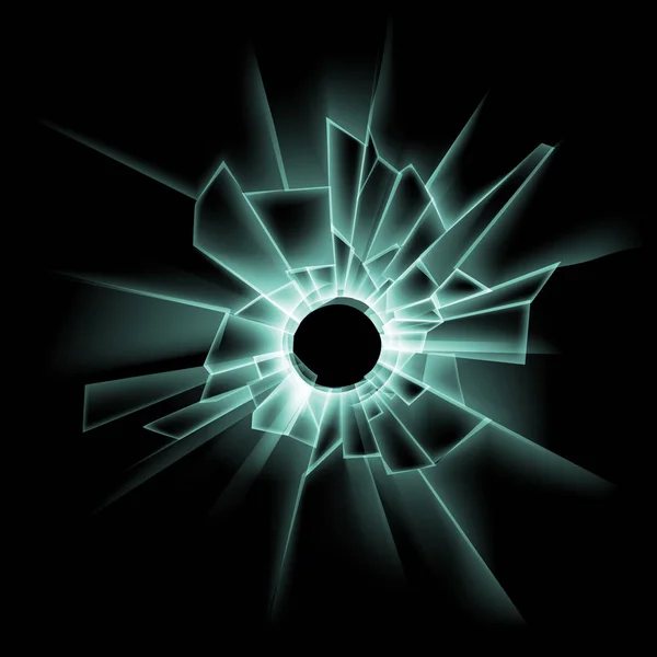 Vector Verde Ventana de vidrio roto con agujero de bala Primer plano sobre fondo negro oscuro — Vector de stock