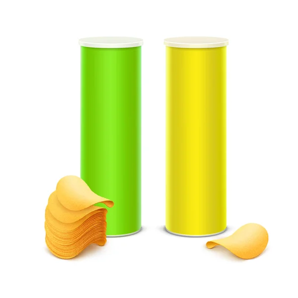 Векторный набор светло-зеленой жёлтой оловянной коробки для оформления упаковки со стопкой хрустящих картофельных чипсов, закрывающихся на заднем плане — стоковый вектор