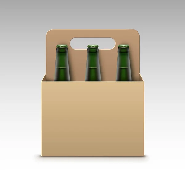 Vetor fechado em branco vidro transparente garrafas verdes de cerveja clara com embalagem de caixa branca para marcar close-up isolado no fundo branco —  Vetores de Stock