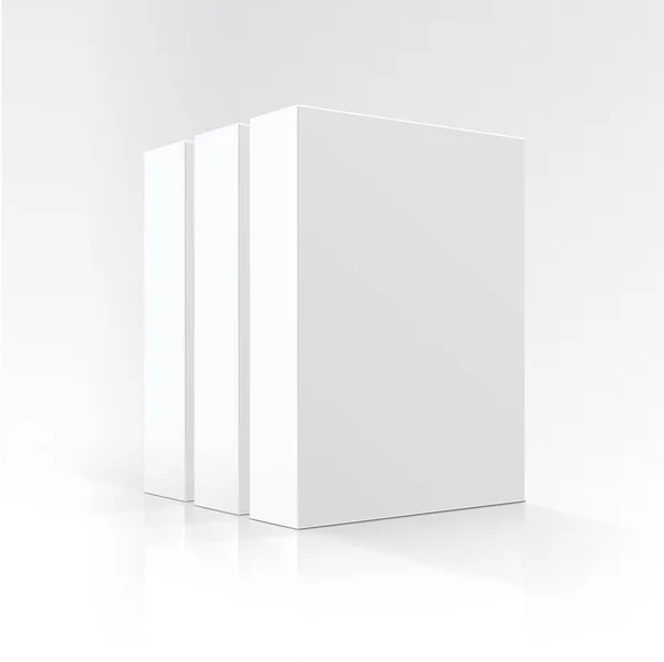 Vektorové sada z prázdné bílé vertikální obdélníkové krabičkách v perspektivě pro obalový design zblízka izolované na bílém pozadí — Stockový vektor