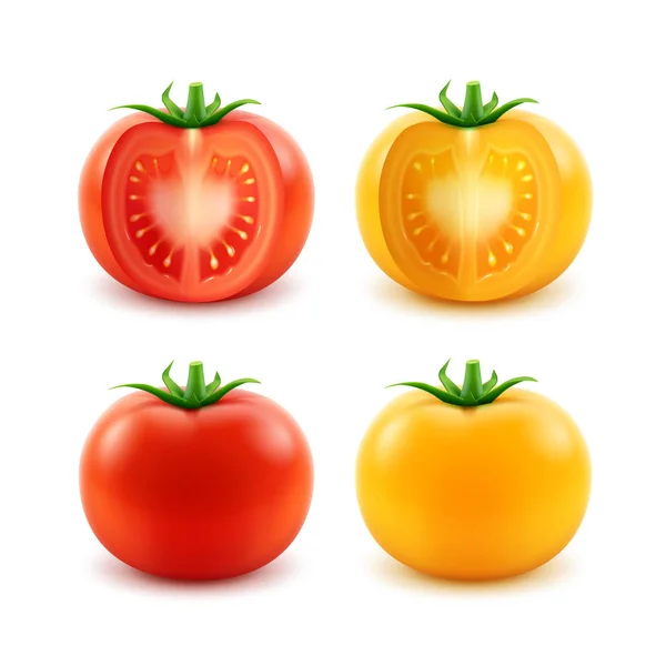 Set di pomodori interi di Big Ripe Red Yellow Green Cut — Vettoriale Stock