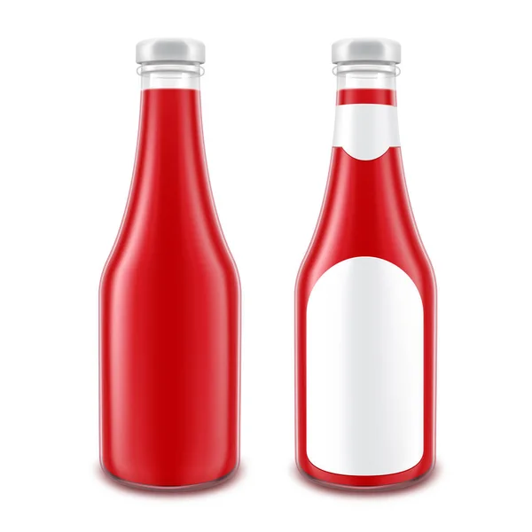 Set Botol Saus Tomat Merah Kosong untuk Merek Tanpa Label Bundar Terisolasi di Latar Belakang Putih - Stok Vektor