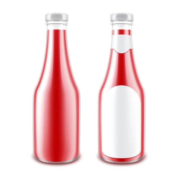 Ensemble vectoriel de bouteille de ketchup de tomate rouge brillant en verre blanc pour l'image de marque sans étiquette sur fond blanc — Image vectorielle