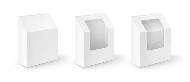 Ayarla, beyaz boş karton dikdörtgen almak uzakta kutular ambalaj için sandviç, gıda, Hediyelik, diğer ürünleri plastik pencere alay Isolated beyaz zemin üzerine kadar yakından ile vektör