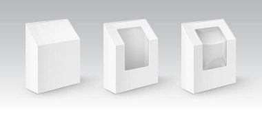 Ayarla, beyaz boş karton dikdörtgen almak uzakta kutular ambalaj için sandviç, gıda, Hediyelik, diğer ürünleri plastik pencere alay Isolated beyaz zemin üzerine kadar yakından ile vektör