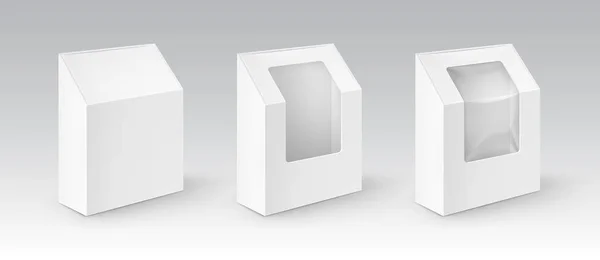 Векторний набір білого порожнього картонного прямокутника Візьміть коробки для упаковки для бутербродів, продуктів харчування, подарунків, інших продуктів з пластиковим вікном макет впритул ізольовано на білому тлі — стоковий вектор