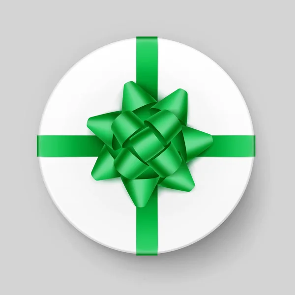 Beyaz arka plan üzerinde izole parlak yeşil zümrüt yay ve şerit üstten görünüm ile hediye kutusu yuvarlak vektör — Stok Vektör