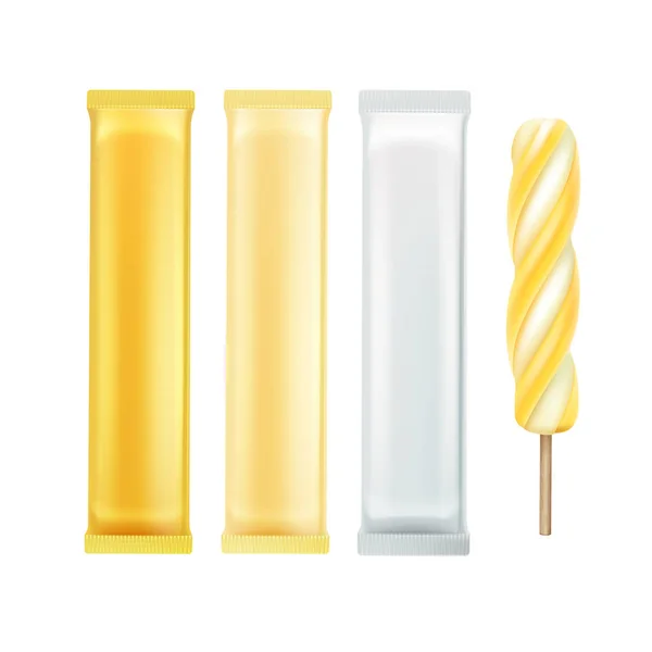 Conjunto de vectores de helado de paleta de paleta de paleta de paleta de paleta de paleta de paleta de helado de paleta de paleta con envoltura de papel de plástico blanco amarillo para el diseño del paquete de Branding — Archivo Imágenes Vectoriales