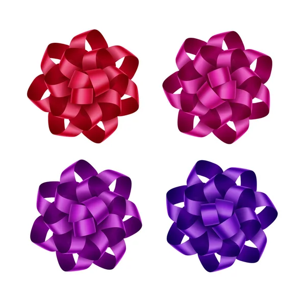 Ensemble d'arcs de ruban cadeau violet violet Magenta rose foncé rouge vif Fermer Isolé sur fond blanc — Image vectorielle