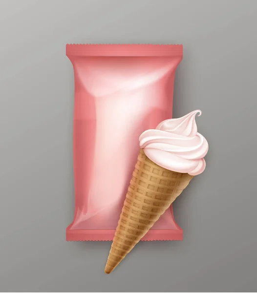 Cono de gofre de helado Berry Soft Serve con envoltura de lámina de plástico rosa para el diseño de paquetes de marca — Vector de stock