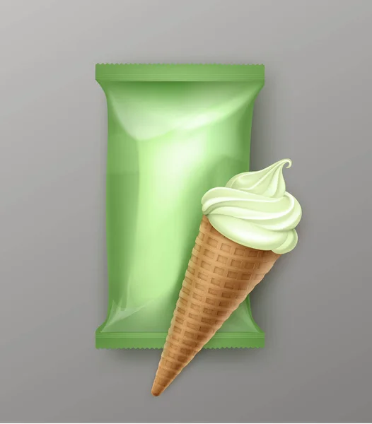 Pistache Kiwi Menthe Soft Serve Ice Cream Waffle Cone avec pellicule en plastique pour la conception de l'emballage de marque isolé — Image vectorielle