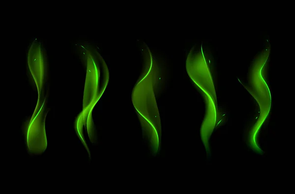 Farklı sihirli yeşil ateş alev arka plan üzerinde kümesi — Stok Vektör