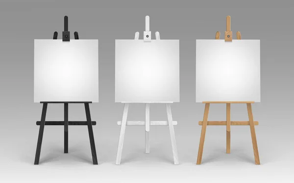Vector Set of Wooden Brown Black White Sienna Easels with Mock Up Empty Blank Square Canvases Isolated on Background — Stock Vector