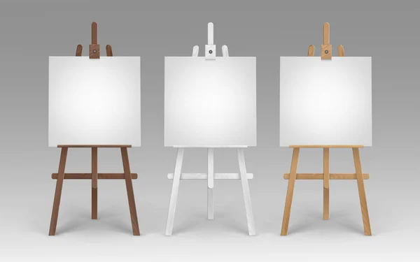 Vector Set of Wooden Brown White Sienna Easels with Mock Up Empty Blank Square Canvases Isolated on Background — Stock Vector