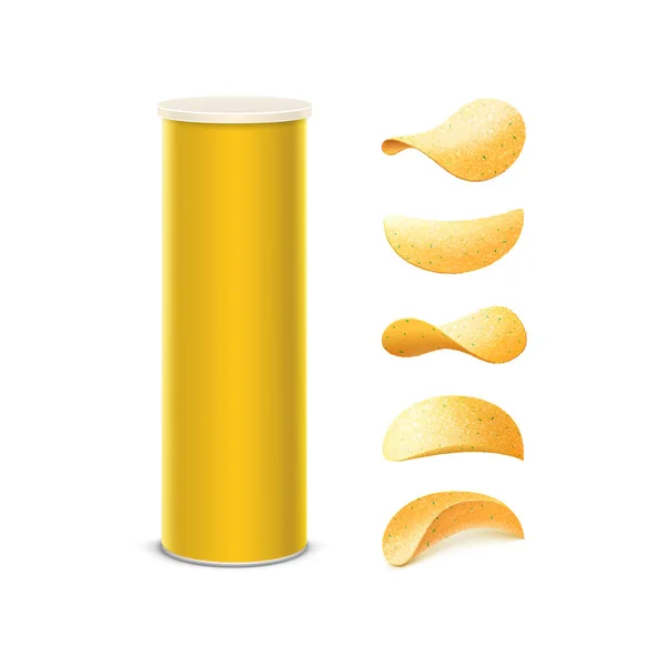 Vektor-Set aus gelbem Blechbehälterrohr für Verpackungsdesign mit Kartoffelchips unterschiedlicher Form in Nahaufnahme isoliert auf weißem Hintergrund — Stockvektor