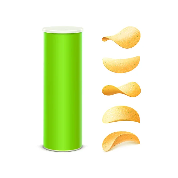 Vektor-Set aus hellgrünem Blechbehälterrohr für Verpackungsdesign mit Kartoffelchips unterschiedlicher Form in Nahaufnahme isoliert auf weißem Hintergrund — Stockvektor
