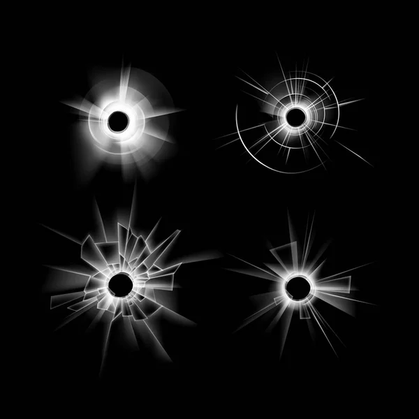 Векторный набор прозрачных трещин разбитое стекло окно с четырьмя отверстиями пули Закрыть изолированы на темном черном фоне — стоковый вектор