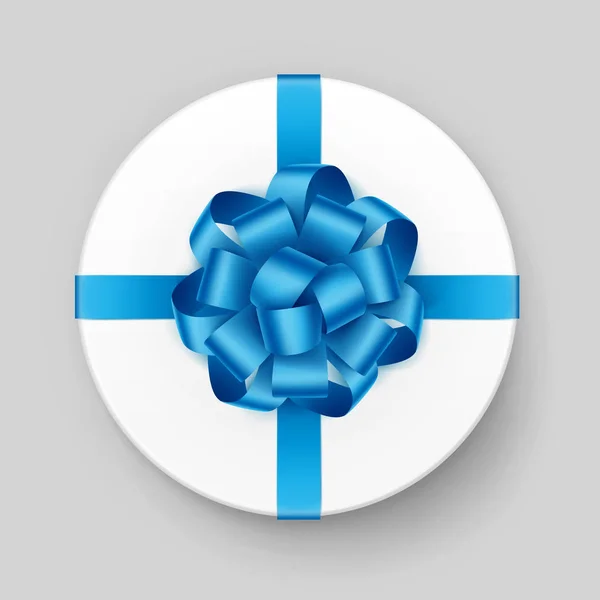 Weißer runder Geschenkkarton mit blauer Schleife und Band — Stockvektor