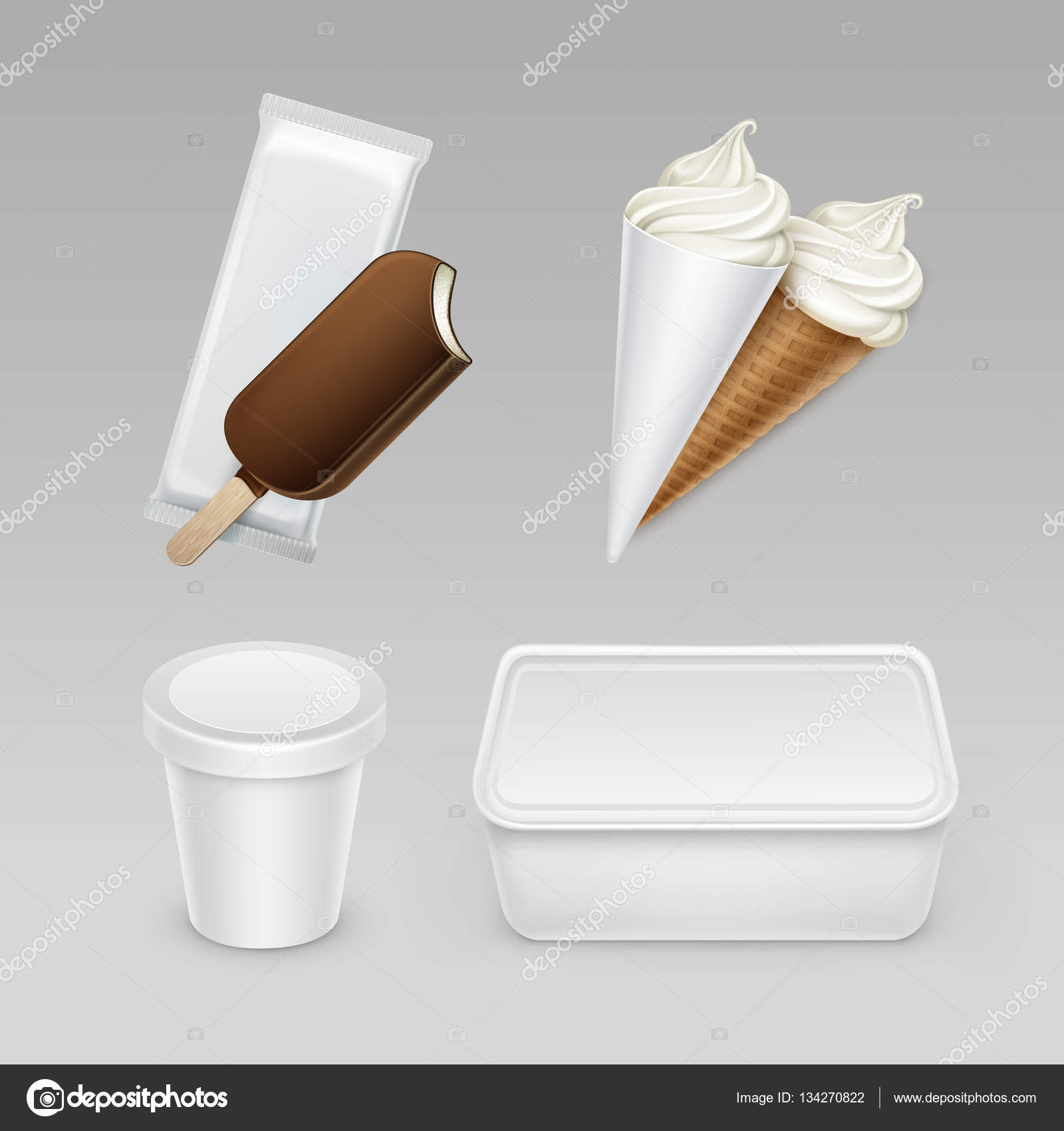 Download Vector Set Of Chocolate Popsicle Choc Ice Lollipop Soft Serve Ice Cream Waffle Cone With Plastic White Wrapper And Box Container For Package Design Mock Up Close Up Isolated On Background Stock Vector