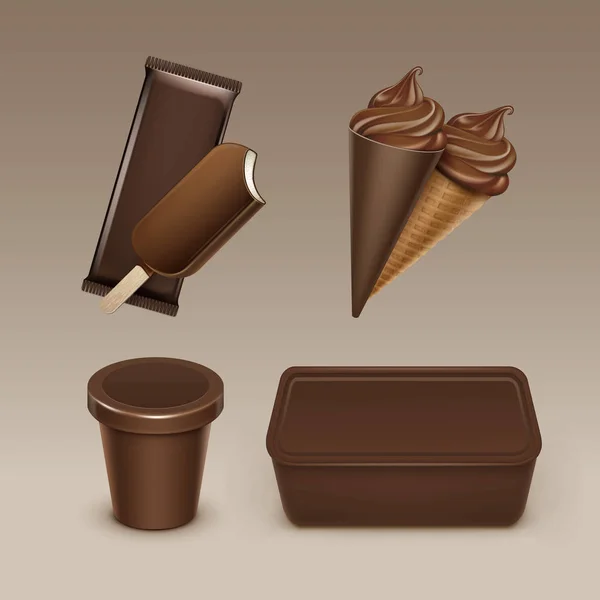 Vector set van chocolade Popsicle Choc-ice Lollipop zachte dienen wafel ijsje met Plastic Brown Wrapper en vak Container voor het pakket Design Mock up Close up geïsoleerd op achtergrond — Stockvector