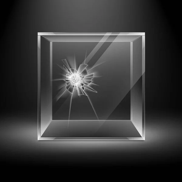 Cubo de caixa de vidro quebrado isolado no fundo preto com luz de fundo — Vetor de Stock