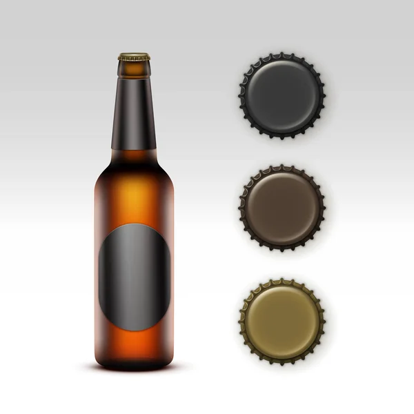 Botella de cerveza transparente de vidrio con etiqueta y tapas — Vector de stock