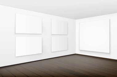 Posterler kadar boş boş beyaz sahte çerçeveler Galerisi kahverengi ahşap zemin ile duvarlara resimler