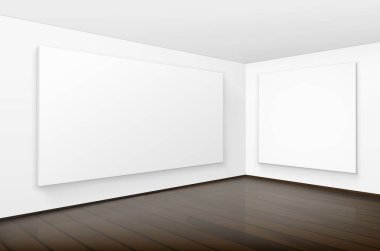 Posterler kadar boş boş beyaz sahte çerçeveler Galerisi kahverengi ahşap zemin ile duvarlara resimler