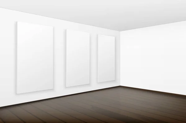 Vetor vazio em branco cartazes brancos fotos molduras em paredes com piso de madeira marrom na galeria —  Vetores de Stock