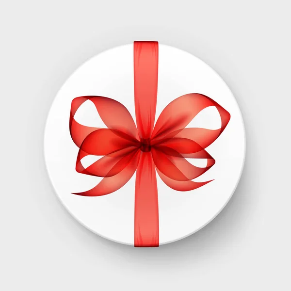 Weiße runde Geschenkschachtel mit transparenter roter Scharlachschleife und Schleife von oben in Nahaufnahme isoliert auf Hintergrund — Stockvektor