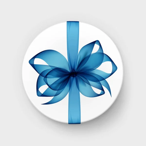 Διάνυσμα λευκό στρογγυλό κουτί δώρου με διαφανή φως μπλε τόξο και κορδέλα Top View εσωτερικη σε φόντο — Διανυσματικό Αρχείο