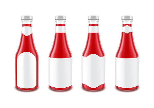 品牌没有与孤立的白色背景上的白色标签空白玻璃红番茄番茄酱瓶一套 — 图库矢量图片