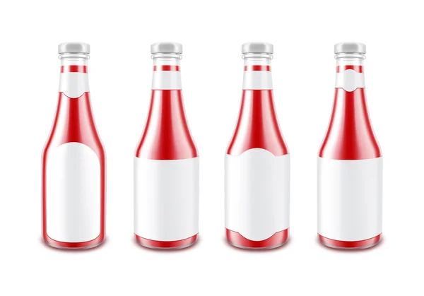 对品牌没有与孤立的白色背景上的白色标签空白玻璃光泽红番茄番茄酱瓶一套 — 图库矢量图片