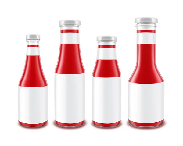 Set of Blank Glass Red Tomato Ketchup Bottles of different Shapes for Branding with White labels Isolated on White Background — Stock Vector