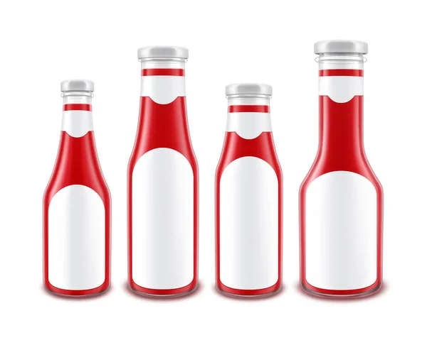 Ensemble vectoriel de flacons de ketchup de tomate rouge en verre blanc de différentes formes pour la marque avec des étiquettes blanches isolées sur fond blanc — Image vectorielle