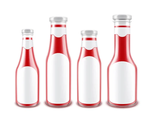 Vektorové sada z prázdné lesklý červený rajčatový kečup láhvích různých tvarů pro Branding s bílým štítky izolované na bílém pozadí — Stockový vektor