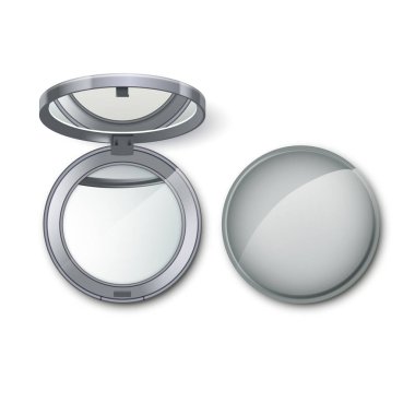 Gümüş Metal yuvarlak cep kozmetik makyaj küçük ayna izole beyaz arka plan üzerinde