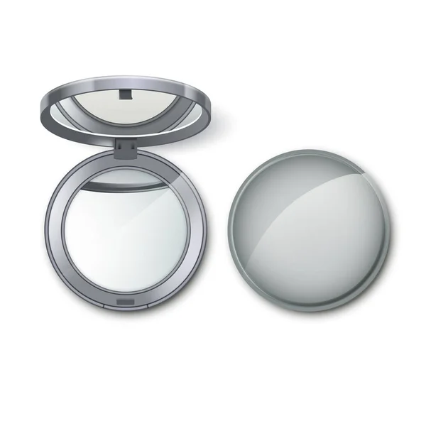 Srebrny Metal okrągły kieszeni kosmetycznych składają się małe lustro izolowane na białym tle — Wektor stockowy